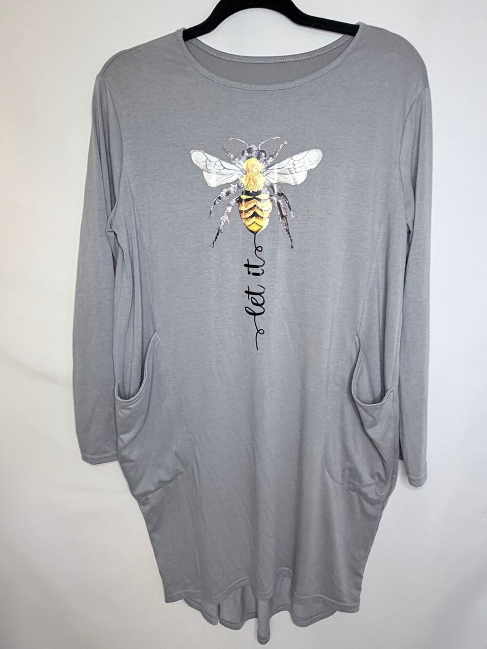 Gray Bee “Let It Be” Tunic Top Long Sleeve Pockets High Low Hem Small